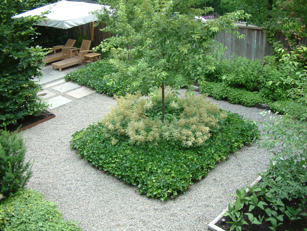 Idées déco pour un petit jardin à la française arrière contemporain au printemps avec une exposition ombragée et du gravier.