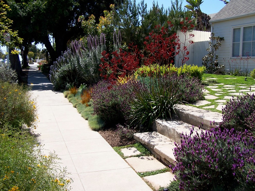 ロサンゼルスにあるお手頃価格の中くらいな、春のトラディショナルスタイルのおしゃれな前庭 (庭への小道、日向、コンクリート敷き	、ゼリスケープ) の写真