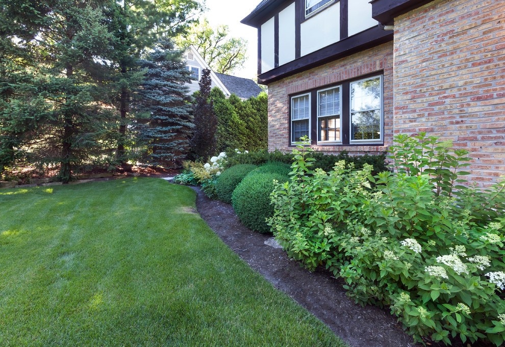 Inspiration for a traditional shade front yard mulch landscaping in Chicago for summer.