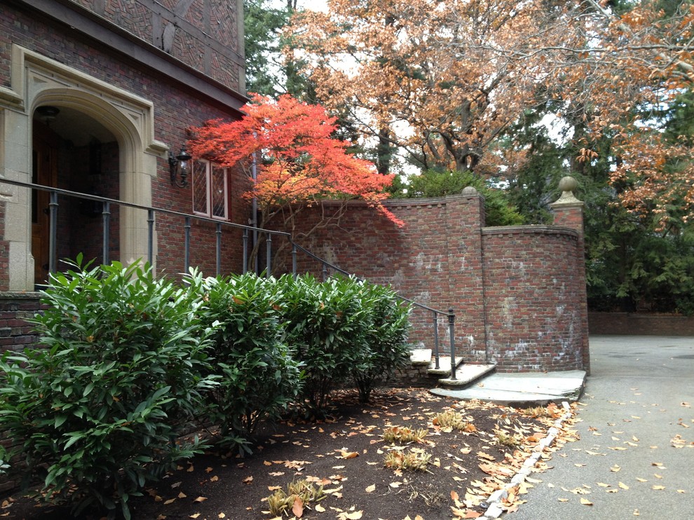 Foto di un giardino formale classico esposto a mezz'ombra davanti casa in autunno