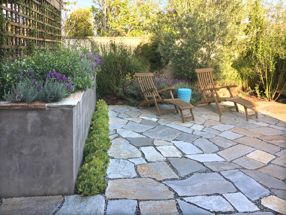Стильный дизайн: солнечный, весенний засухоустойчивый сад среднего размера на заднем дворе в современном стиле с хорошей освещенностью и покрытием из каменной брусчатки - последний тренд