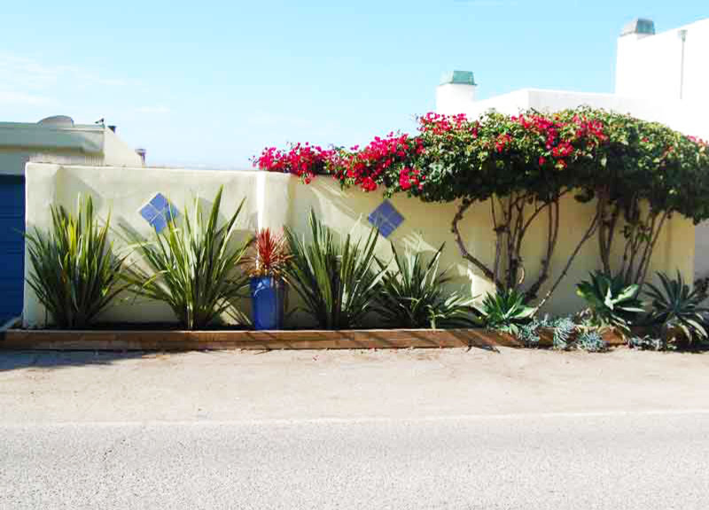 Esempio di un vialetto d'ingresso mediterraneo esposto in pieno sole di medie dimensioni e davanti casa in estate con un muro di contenimento e ghiaia