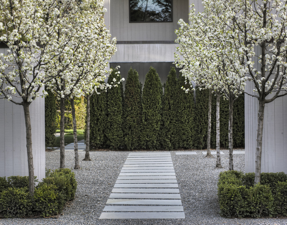 Imagen de camino de jardín actual extra grande en primavera en patio lateral con adoquines de piedra natural y exposición parcial al sol