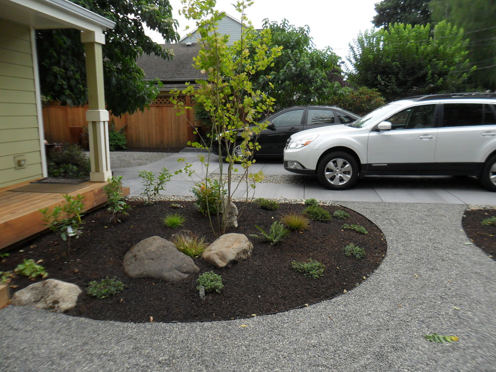 Inspiration for a mid-sized farmhouse drought-tolerant and full sun front yard gravel garden path in Portland.