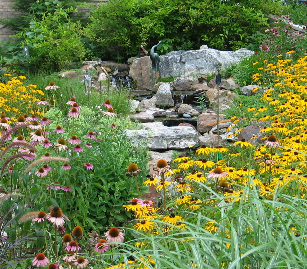 This is an example of a medium sized rustic front xeriscape partial sun garden in Chicago with a pond and mulch.