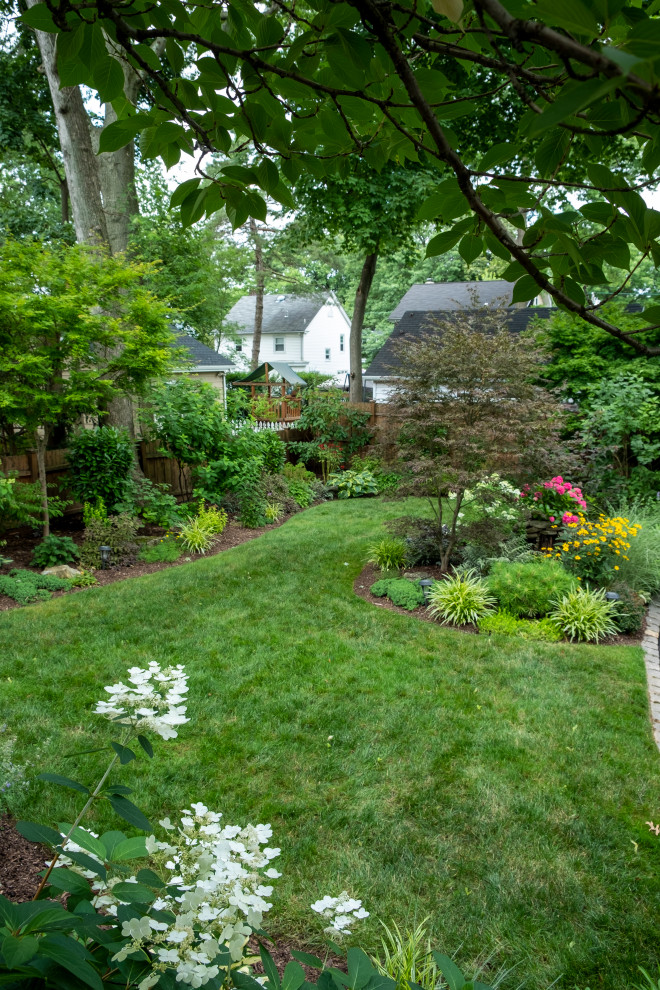 Идея дизайна: маленький участок и сад на заднем дворе с клумбами и полуденной тенью для на участке и в саду