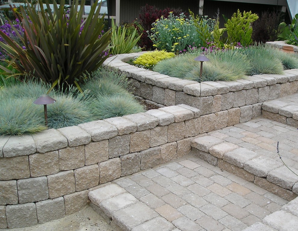Idee per un giardino xeriscape american style di medie dimensioni e davanti casa con un muro di contenimento e pavimentazioni in pietra naturale