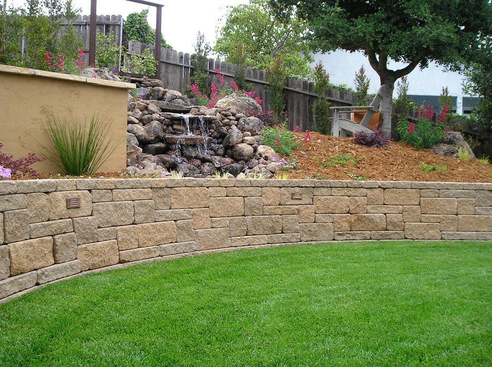 Foto di un giardino xeriscape chic di medie dimensioni e dietro casa con un muro di contenimento e pavimentazioni in pietra naturale