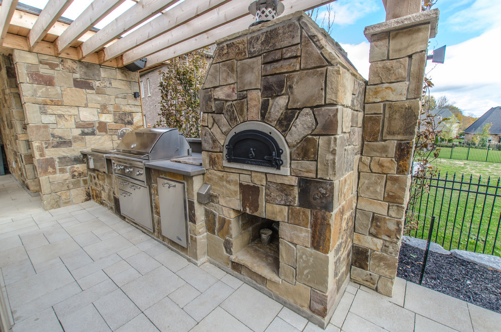Mid-sized tuscan backyard brick patio photo in Toronto with a fire pit