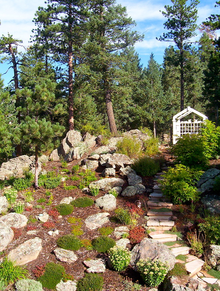 Foto på en medelhavsstil trädgård i slänt, med naturstensplattor