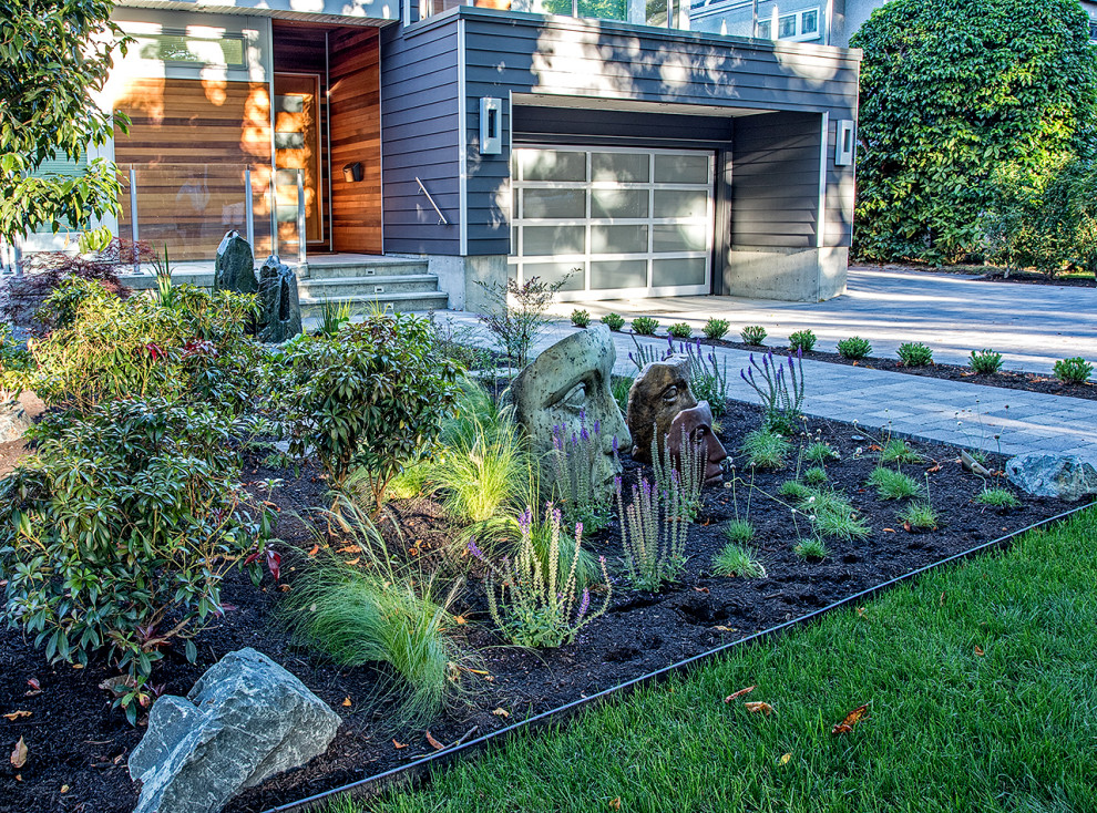 На фото: участок и сад среднего размера в современном стиле с камнем в ландшафтном дизайне, полуденной тенью и мощением тротуарной плиткой