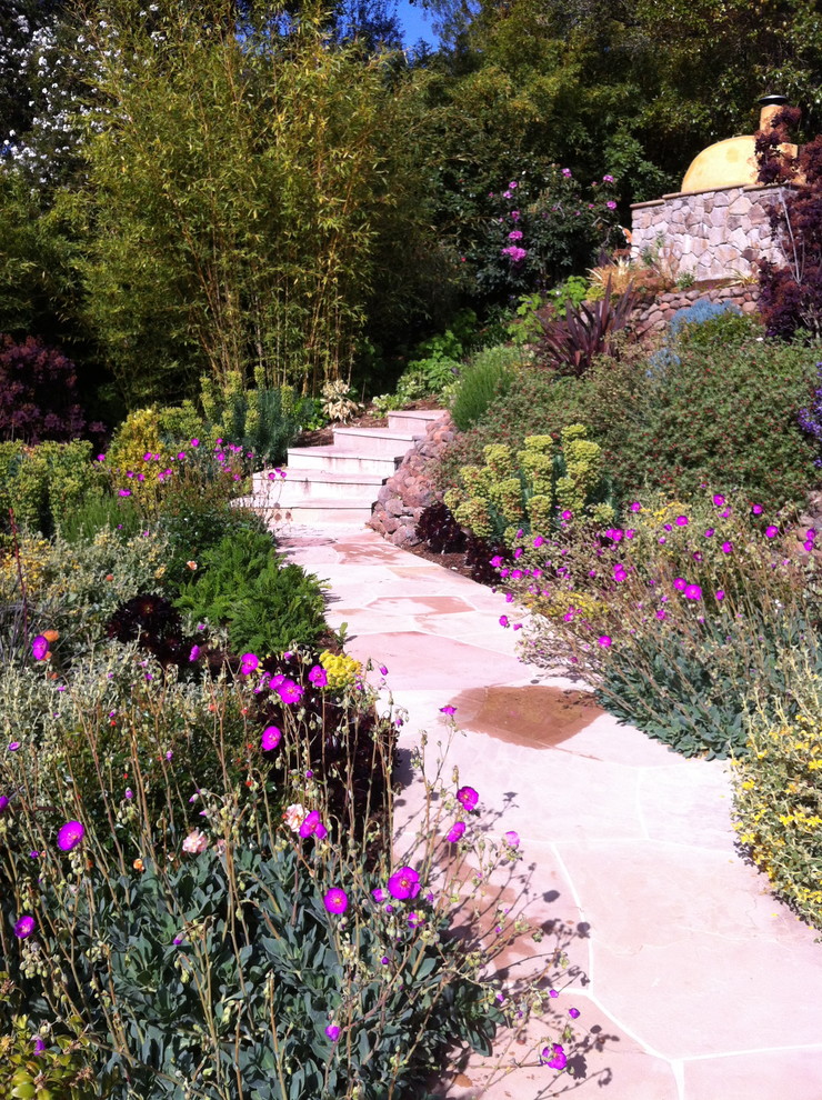 Ispirazione per un giardino xeriscape mediterraneo esposto in pieno sole di medie dimensioni e nel cortile laterale in estate con pavimentazioni in pietra naturale