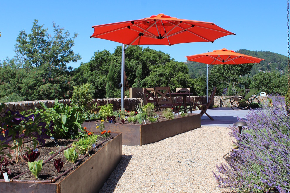 Diseño de jardín moderno grande en patio trasero con huerto, exposición total al sol y gravilla