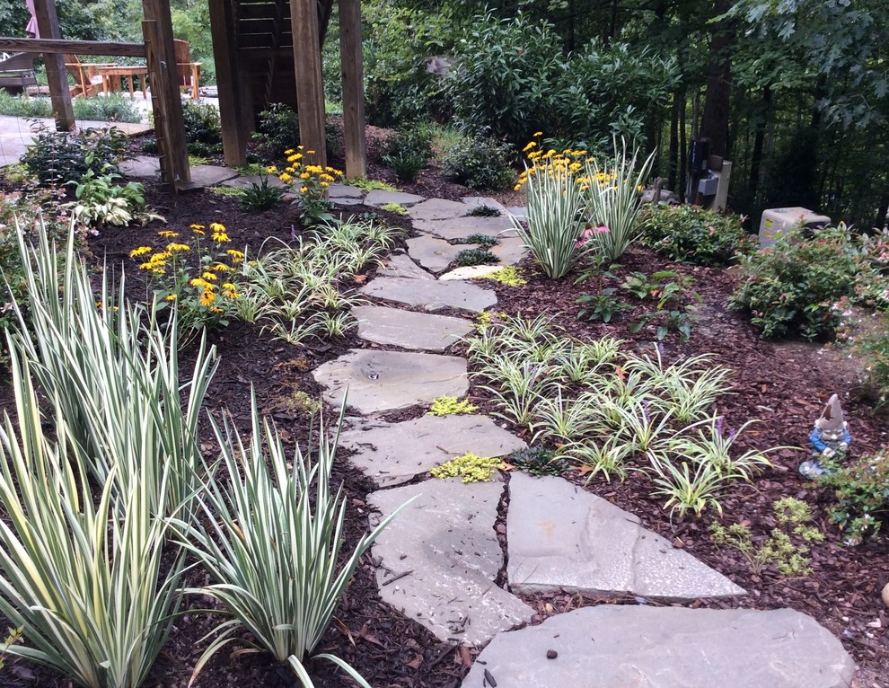 Imagen de camino de jardín exótico de tamaño medio en patio trasero con adoquines de piedra natural