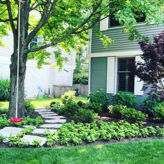 This is an example of a mid-sized transitional shade front yard stone landscaping in Chicago.