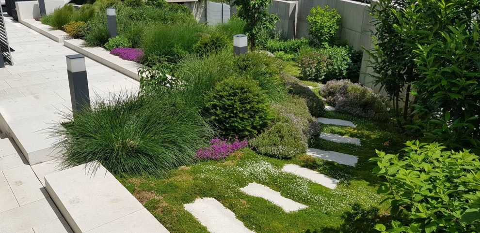 Источник вдохновения для домашнего уюта: регулярный сад среднего размера на склоне в стиле модернизм с клумбами, полуденной тенью и мощением тротуарной плиткой