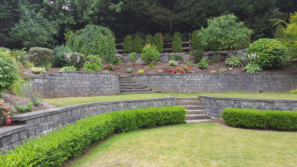 Idée de décoration pour un grand jardin arrière tradition avec un mur de soutènement, une exposition ensoleillée et un paillis.