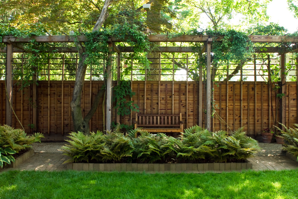 Inspiration for a mid-sized contemporary shade backyard brick formal garden in New York for fall.