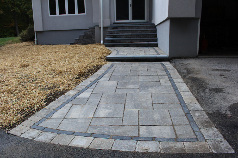 Immagine di un vialetto design esposto in pieno sole di medie dimensioni e davanti casa in autunno con pavimentazioni in cemento