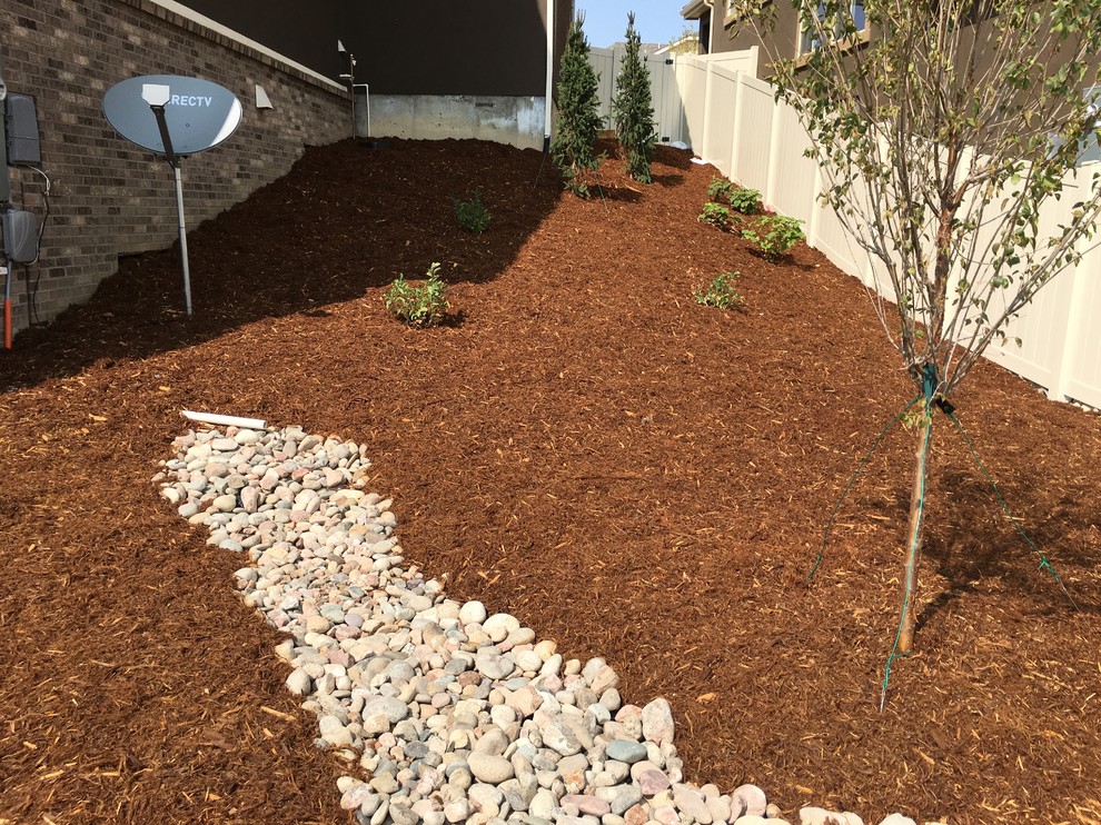 This is an example of a large classic back xeriscape full sun garden in Denver with mulch.