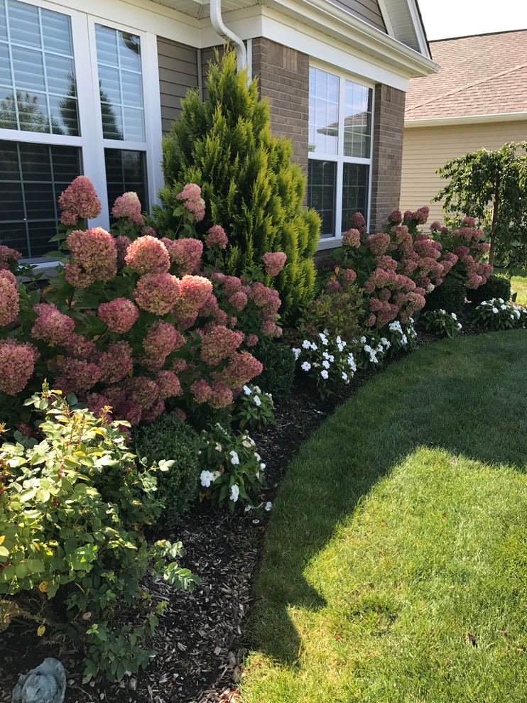 This is an example of a small traditional front formal partial sun garden for summer in Chicago with a garden path and mulch.