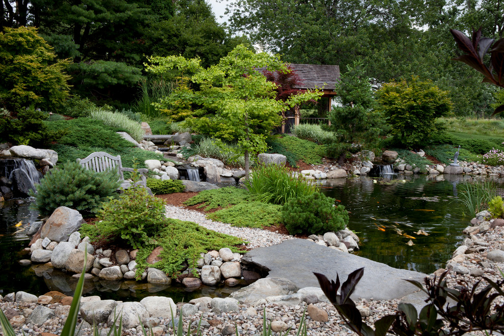 Modelo de jardín de estilo zen grande en patio trasero con fuente, exposición parcial al sol, adoquines de piedra natural y jardín francés