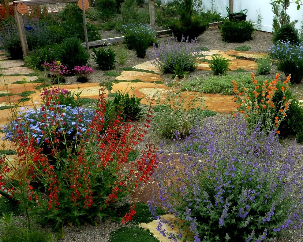 Ispirazione per un giardino xeriscape bohémian esposto in pieno sole di medie dimensioni e davanti casa con pavimentazioni in pietra naturale e un ingresso o sentiero