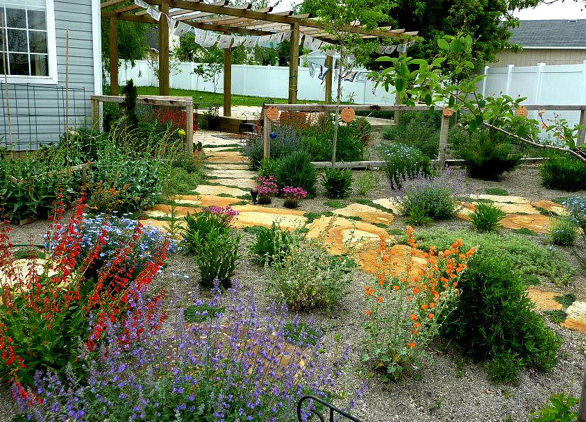 Idee per un giardino xeriscape eclettico esposto in pieno sole di medie dimensioni e davanti casa in primavera con un ingresso o sentiero e pavimentazioni in pietra naturale