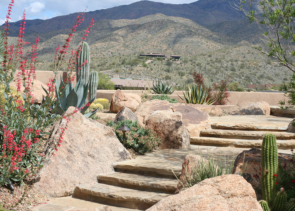 Foto di un giardino xeriscape stile americano esposto in pieno sole con pavimentazioni in pietra naturale e scale