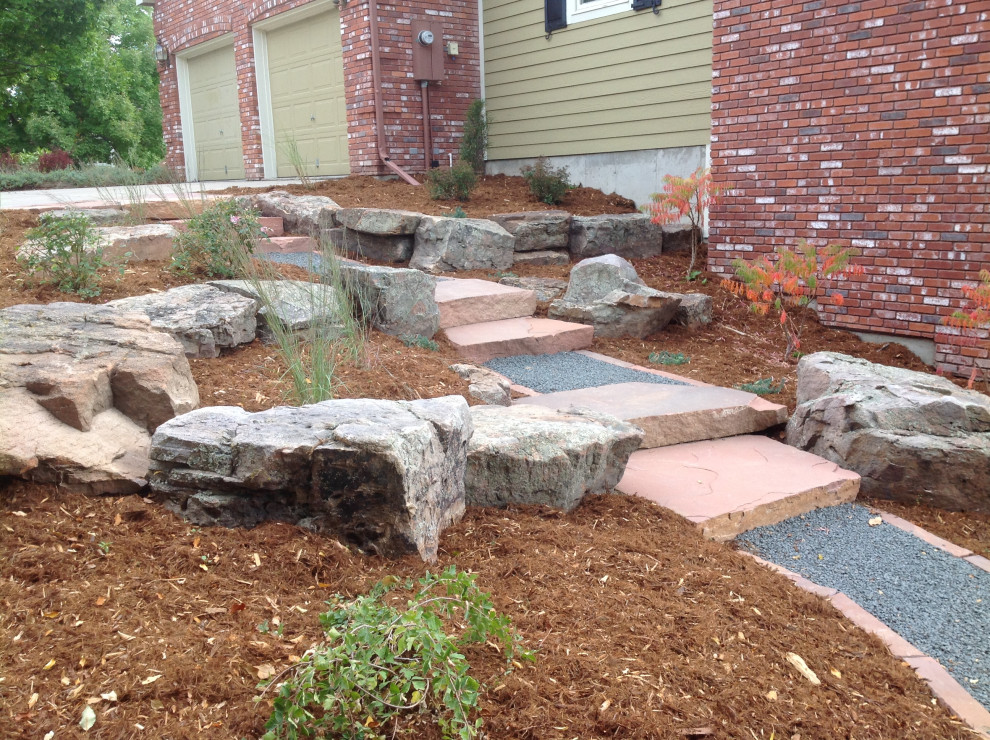 Design ideas for a mid-sized traditional drought-tolerant and rock side yard gravel landscaping in Denver.