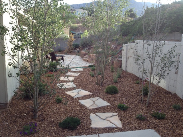 Mittelgroßer, Halbschattiger Mediterraner Garten mit Natursteinplatten in Albuquerque
