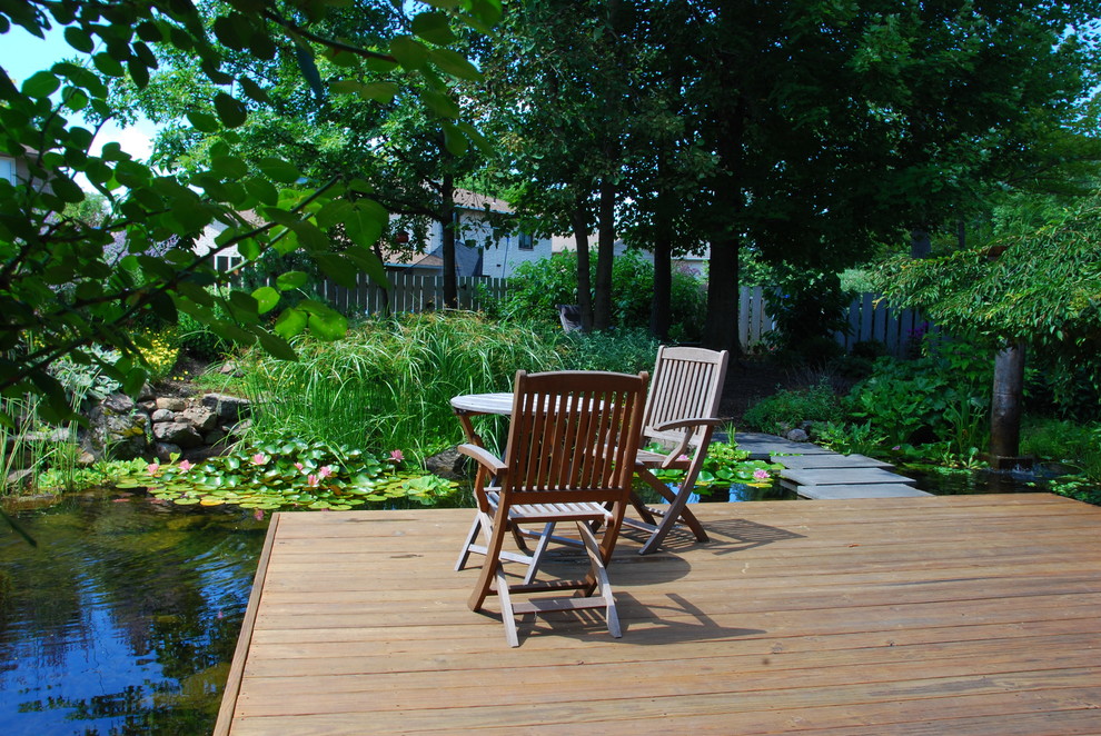 Imagen de jardín de secano contemporáneo pequeño en verano en patio trasero con estanque, exposición parcial al sol y adoquines de piedra natural
