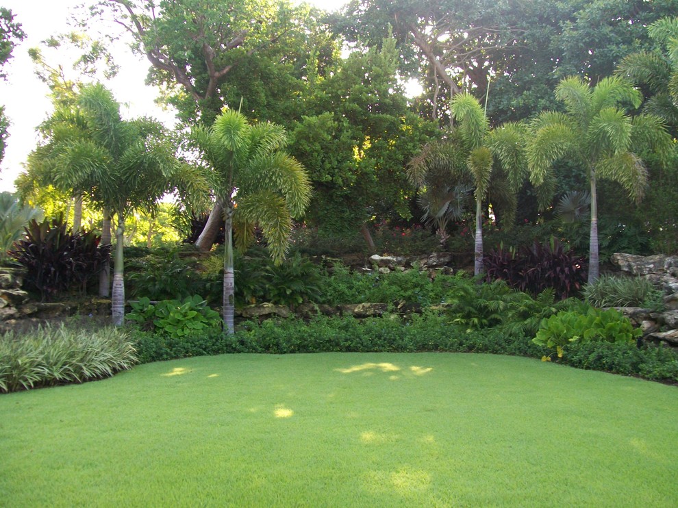 Esempio di un giardino formale tropicale esposto a mezz'ombra di medie dimensioni e dietro casa in estate con un muro di contenimento e pacciame