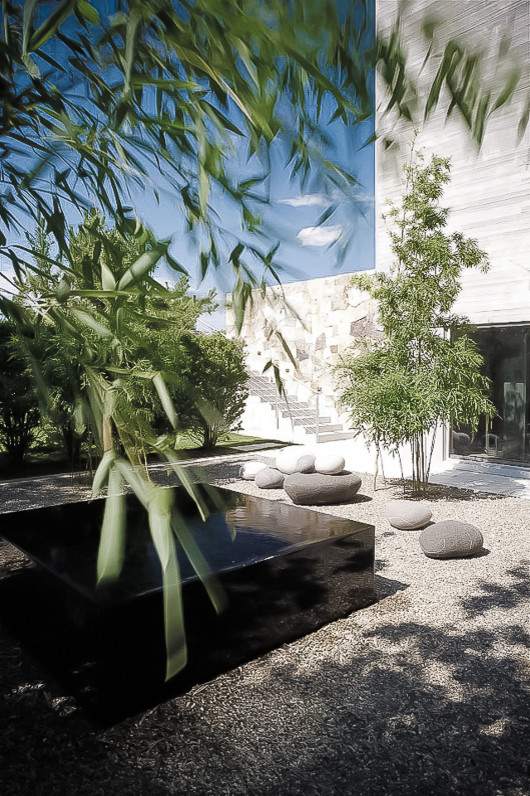 Cette photo montre un petit jardin latéral moderne l'été avec un point d'eau, une exposition partiellement ombragée et du gravier.