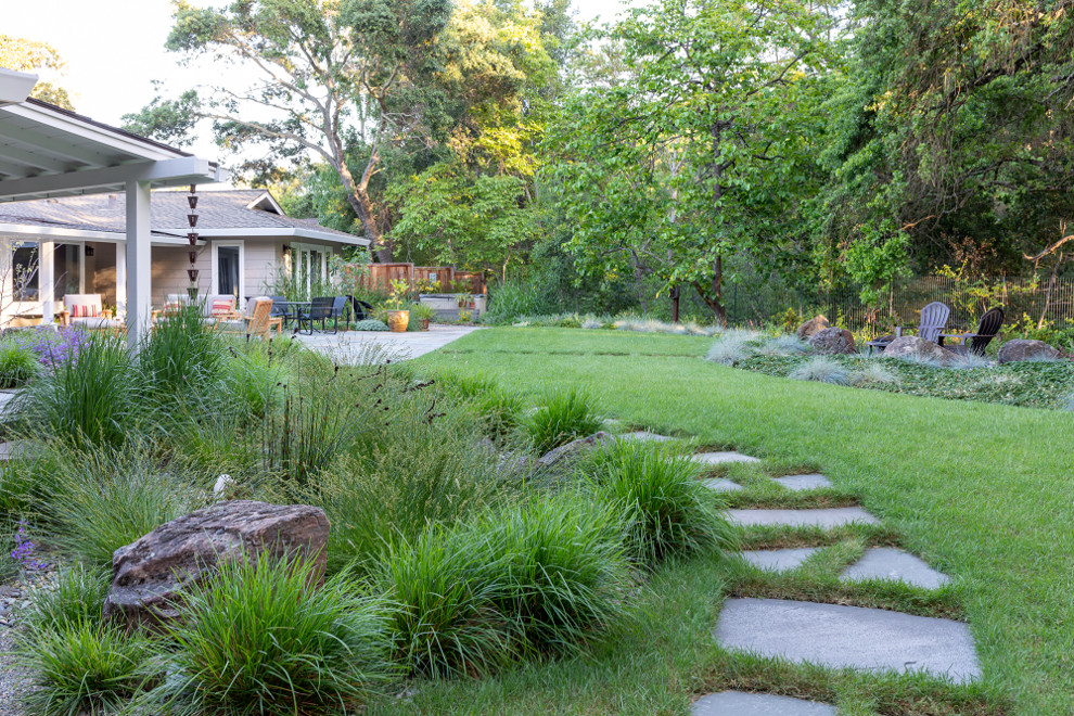 Medium sized contemporary back xeriscape partial sun garden in San Francisco with natural stone paving.