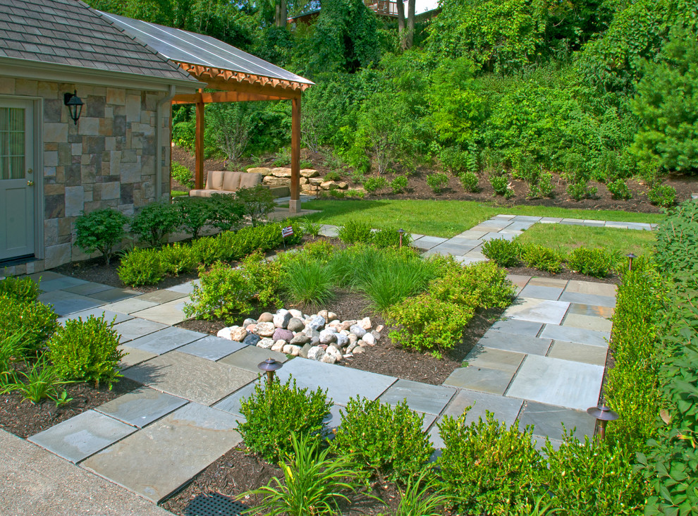 Design ideas for a small contemporary back partial sun garden in Other with an outdoor sport court and natural stone paving.
