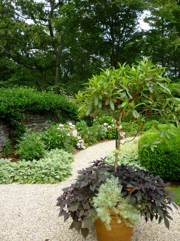 Expansive classic back formal full sun garden for summer in New York with a garden path and natural stone paving.