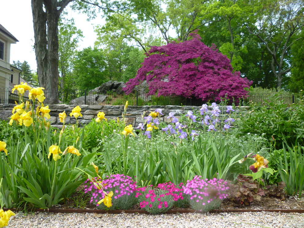 Идея дизайна: огромный солнечный, весенний регулярный сад на заднем дворе в классическом стиле с хорошей освещенностью, покрытием из гравия и садовой дорожкой или калиткой