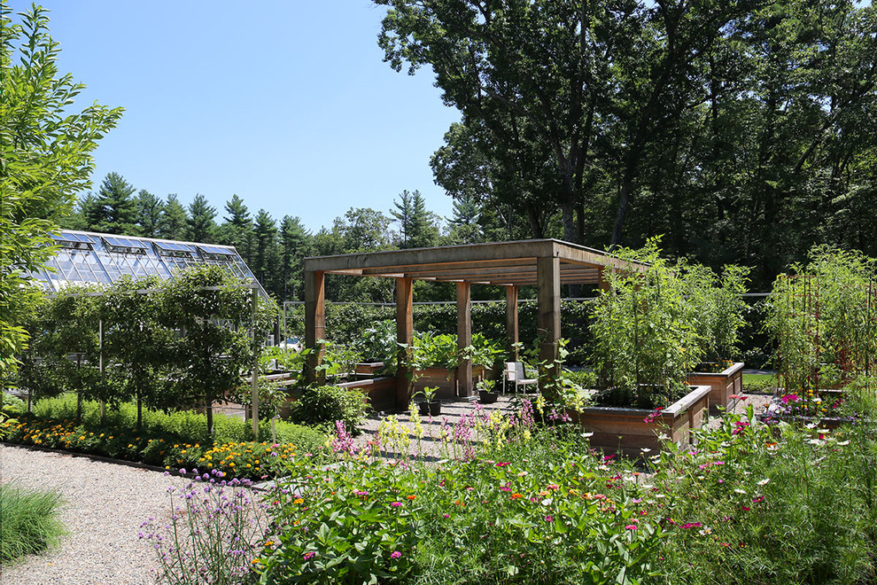 Foto di un giardino country esposto in pieno sole dietro casa in estate con ghiaia