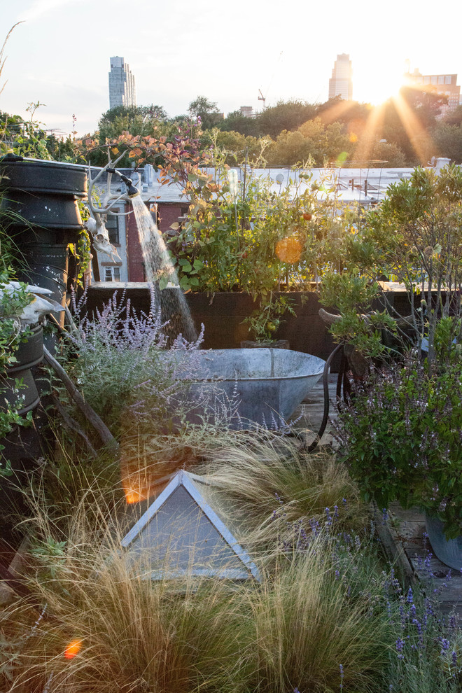 Aménagement d'un jardin contemporain de taille moyenne et l'été avec une exposition ensoleillée et une terrasse en bois.
