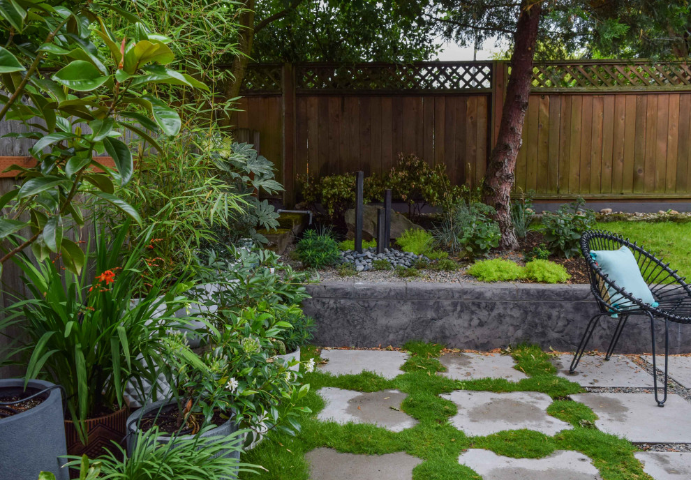 Kleiner, Halbschattiger Moderner Garten hinter dem Haus mit Betonboden in Portland