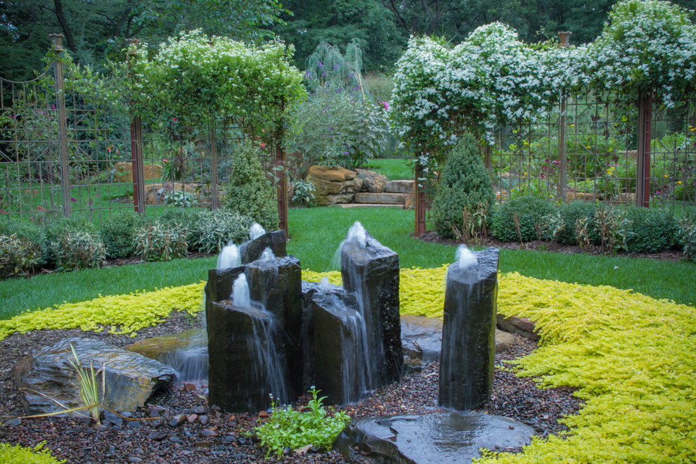 Inspiration for a rustic backyard water fountain landscape in Chicago.