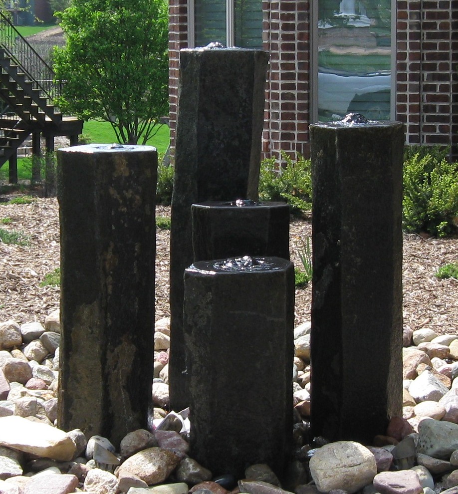 Inspiration for a mid-sized eclectic gravel water fountain landscape in Omaha.