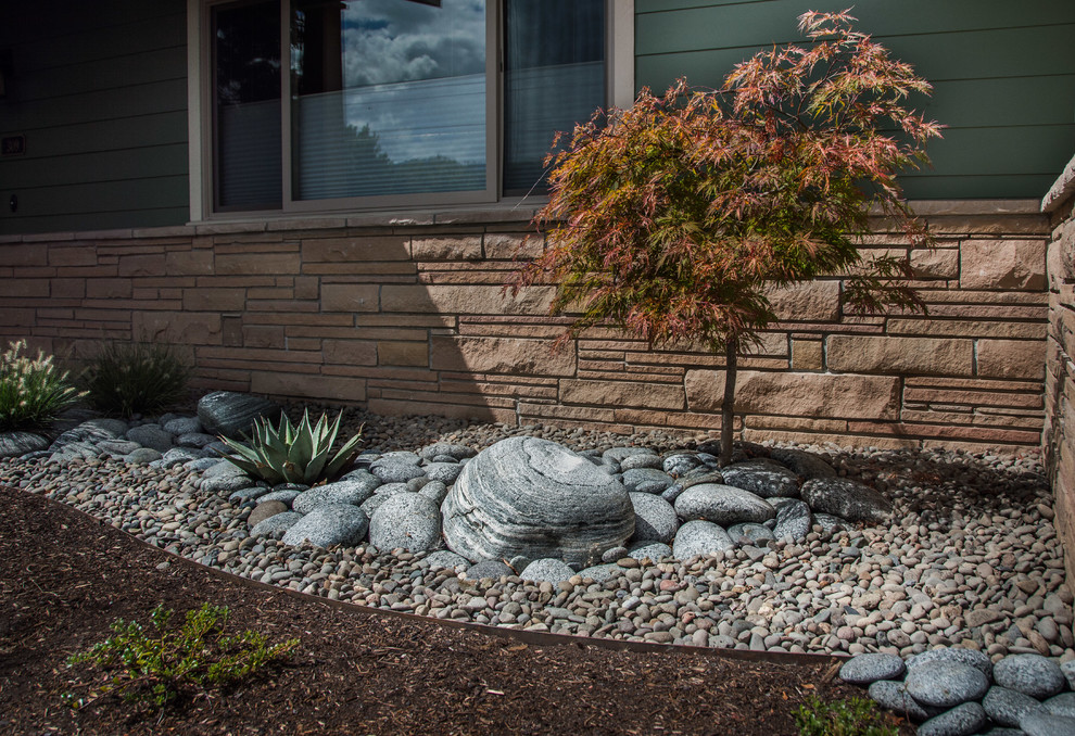 Modelo de jardín de secano de estilo americano pequeño en patio delantero con exposición total al sol y piedra decorativa