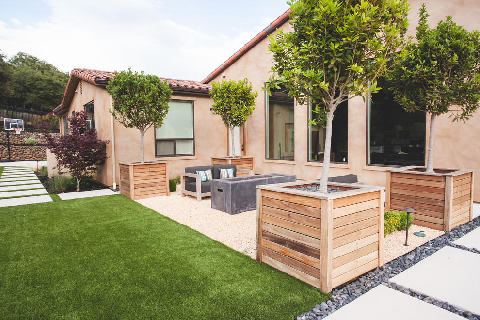 Foto di un giardino xeriscape minimalista dietro casa con un focolare e pavimentazioni in cemento