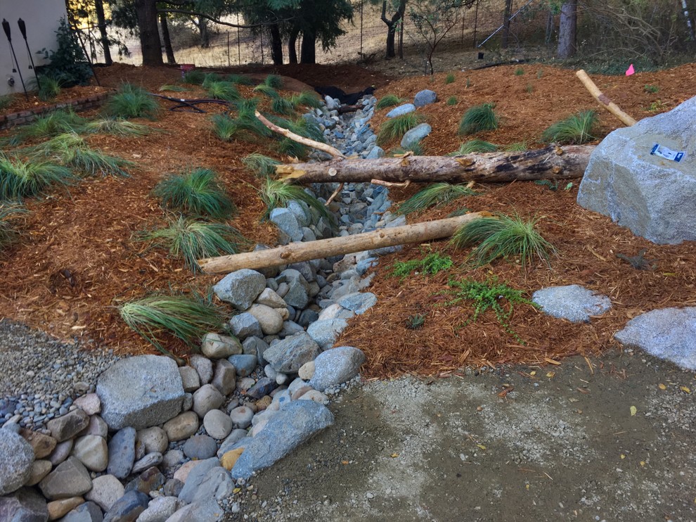 Inspiration for a huge rustic drought-tolerant and partial sun hillside gravel pond in Sacramento for summer.