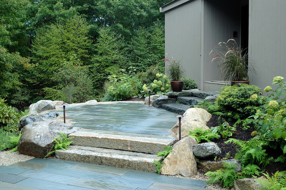 Exemple d'un aménagement d'entrée ou allée de jardin avant montagne de taille moyenne avec une exposition ombragée et des pavés en pierre naturelle.