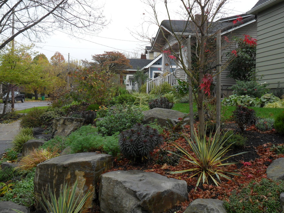 Kleiner, Halbschattiger Rustikaler Vorgarten im Herbst in Portland