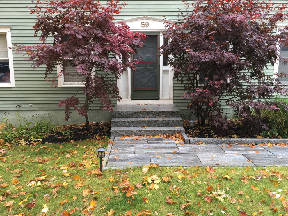 Design ideas for a small front garden in Portland Maine with a pathway and concrete paving.
