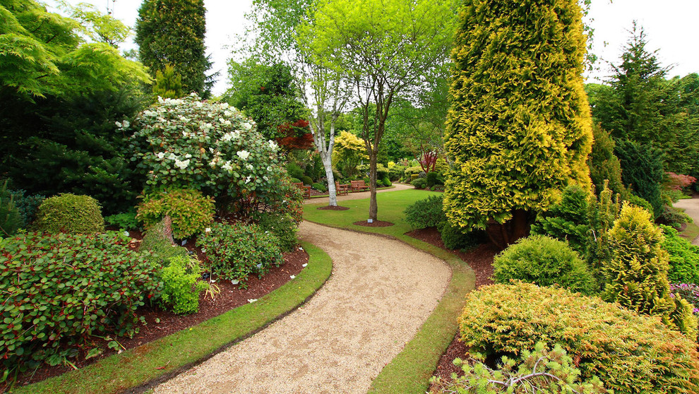 Immagine di un giardino formale classico esposto a mezz'ombra di medie dimensioni e davanti casa in primavera con un ingresso o sentiero e ghiaia